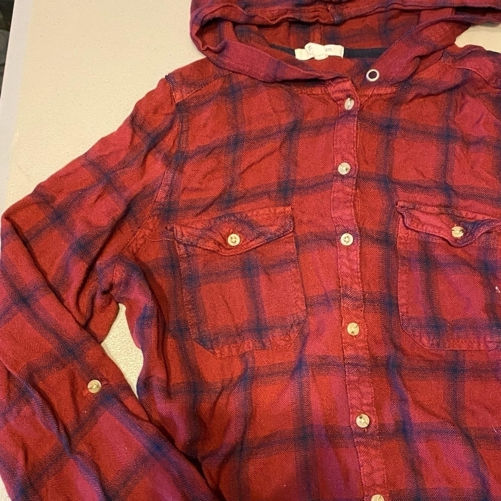 Maurices Red Blue Plaid Hooded Button Shirt Women's XL Fall Layer Western EUC - Picture 4 of 7